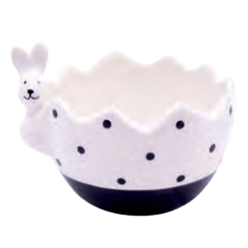 Pote Decorativo de Cerâmica Ovo com Coelho Branco e Preto 10cm - 2 Un