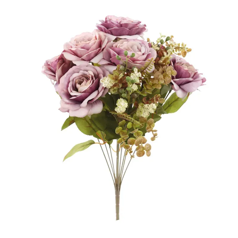 Flores Decorativas Permanentes - Buquê de Rosas X7 50cm Lilás - 1 Buquê