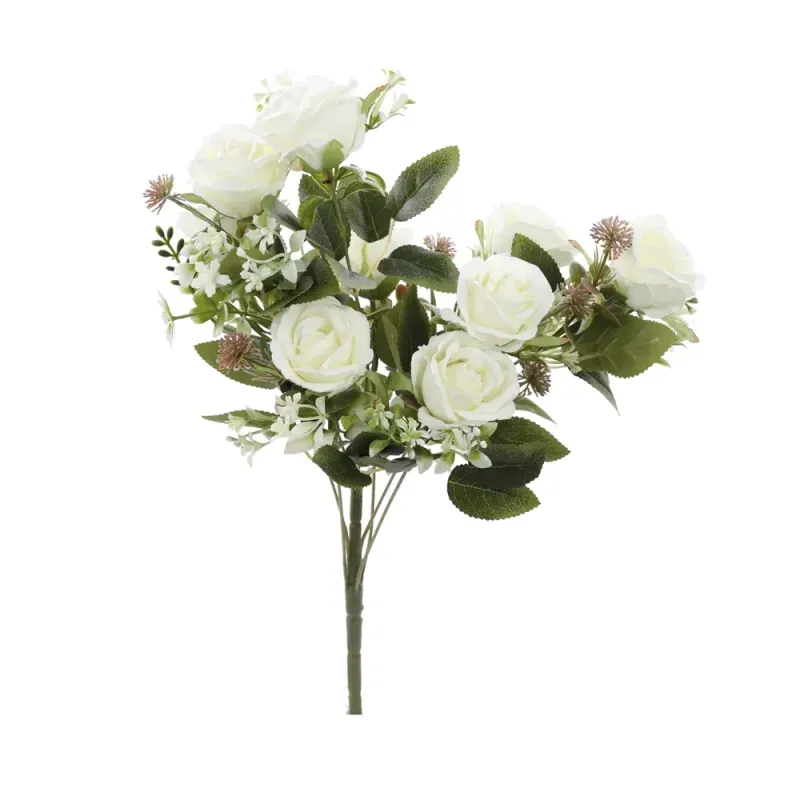 Flores Decorativas Permanentes - Buquê de Rosas X9 47cm Branco - 1 Buquê
