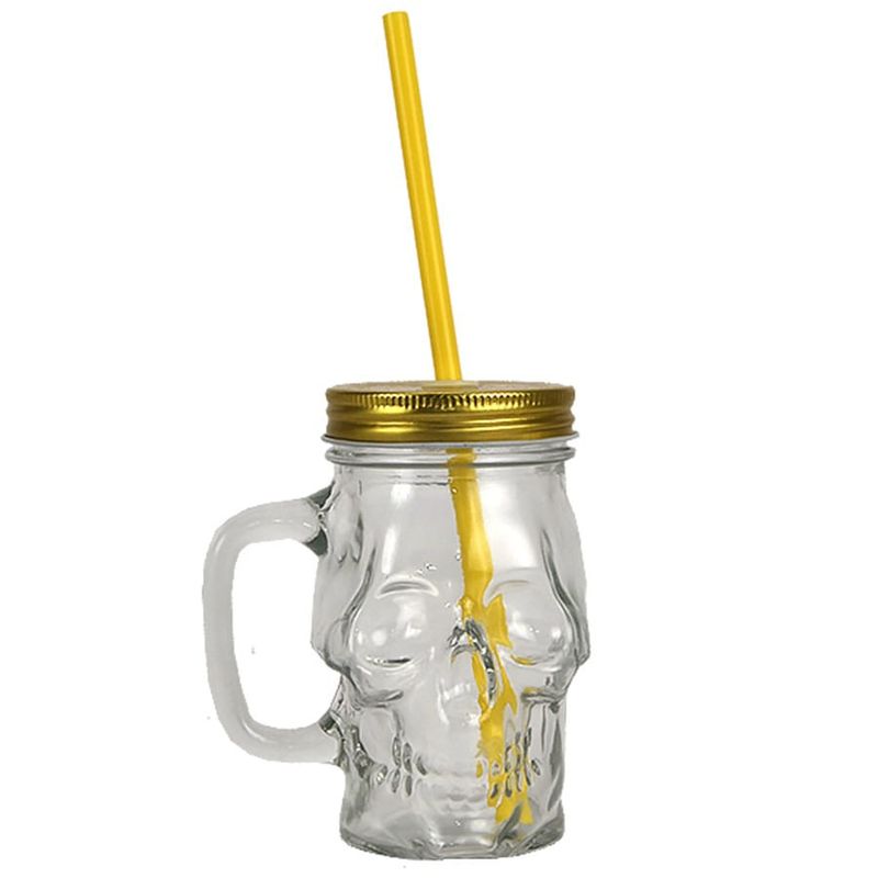 Caneca Caveira de Vidro com Tampa e Canudo - 400ml
