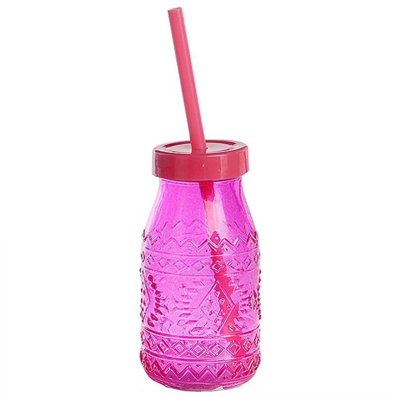 Garrafinha de Vidro com Tampa e Canudo - Pink