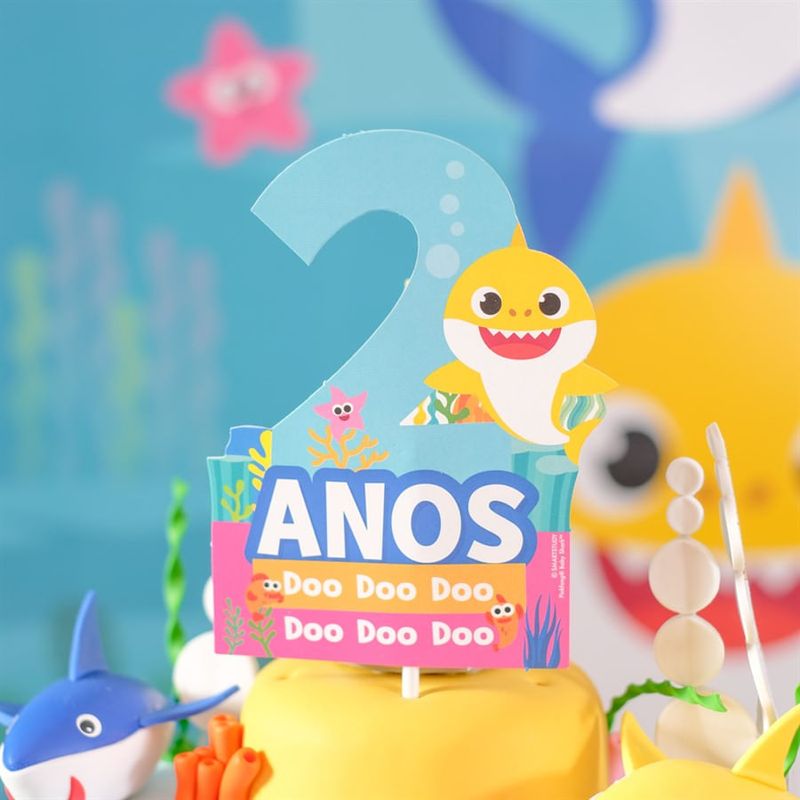 Festa Baby Shark - Kit Topo de Bolo Espeto 2 Anos