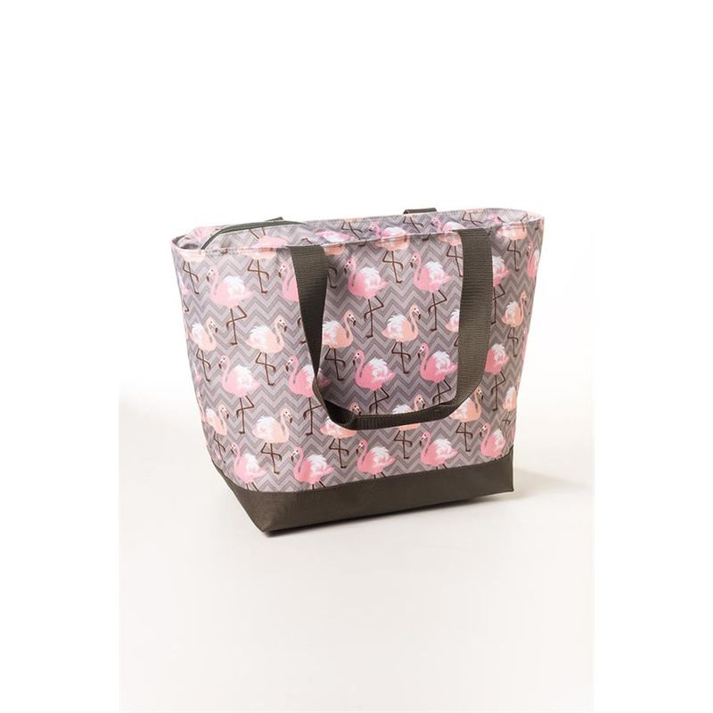 Bolsa Cinza com Flamingos Rosa e Laranja