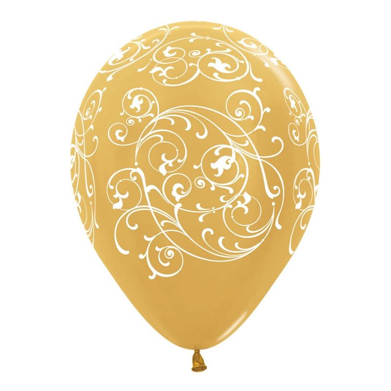 Balão Látex Impressão 360 Satin Filigree Dourado 12" / 30cm - 12 Un