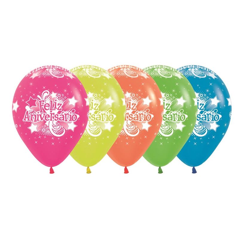 Balão Látex Impressão 360 Neon Feliz Aniversário Sortido 12" / 30cm - 12 Un