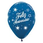 Balão Látex Impressão 360 Metal Feliz Aniversário Brilho Azul 12" / 30cm - 50 Un