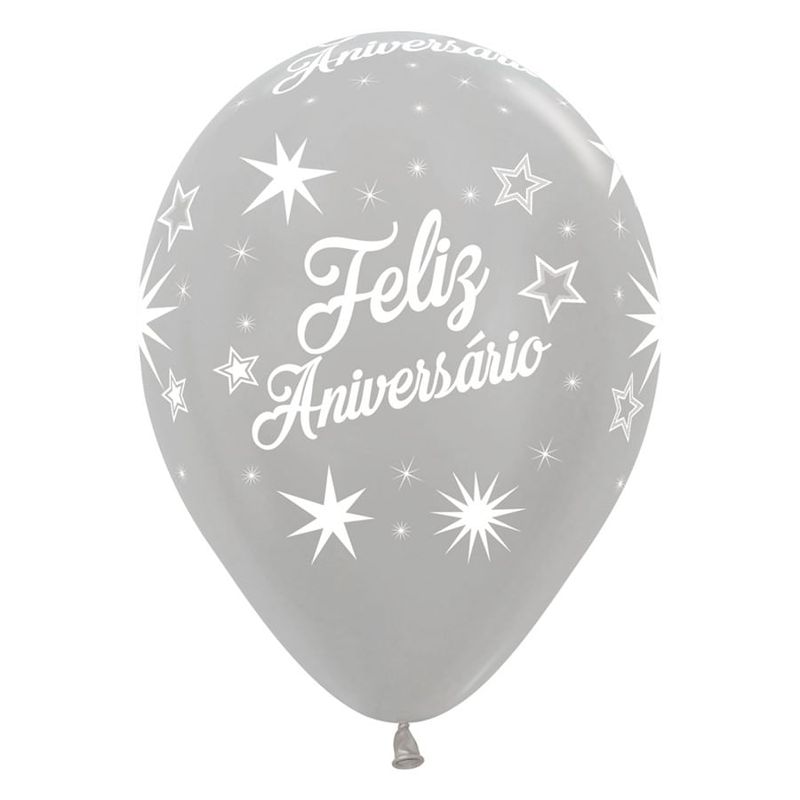 Balão Látex Impressão 360 Satin Feliz Aniversário Brilho Prata 12" / 30cm - 50 Un