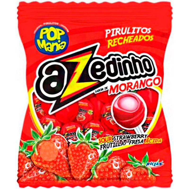 Pirulito Pop Mania Azedinho Morango Recheio Mastigável Riclan - 50 Un