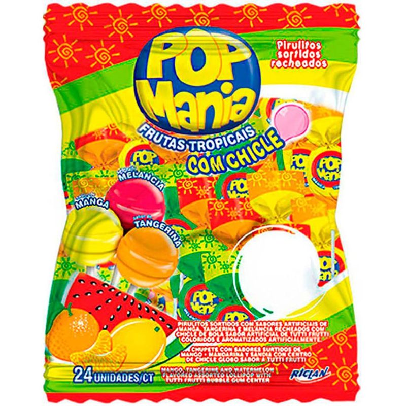 Pirulito Pop Mania Frutas Tropicais Recheio Chiclete Riclan - 50 Un