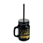 Pote De Vidro 450 Ml C/ Canudo Preto/Dourado