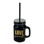 Pote De Vidro 450 Ml C/ Canudo Preto/Dourado