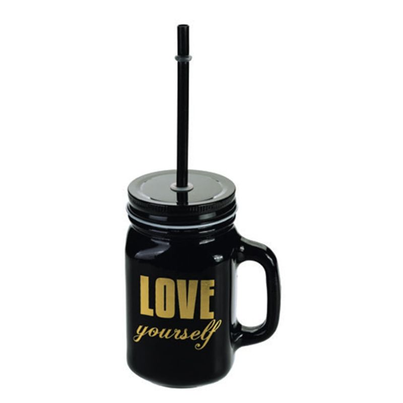 Pote De Vidro 450 Ml C/ Canudo Preto/Dourado