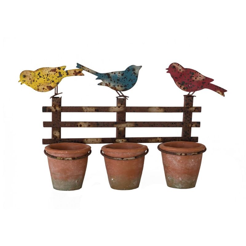 Jardineira de Metal Envelhecida com 3 Vasos Cimétricos e Pássaros