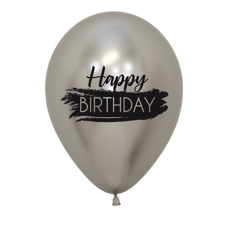 Balão Latex Impressão 2 Lados Reflex Happy Birthday Prata 12" / 30cm - 50 Un