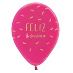 Balão Latex Impressão 360 Cristal Feliz Aniver Fucsia 12" / 30cm - 50 Un