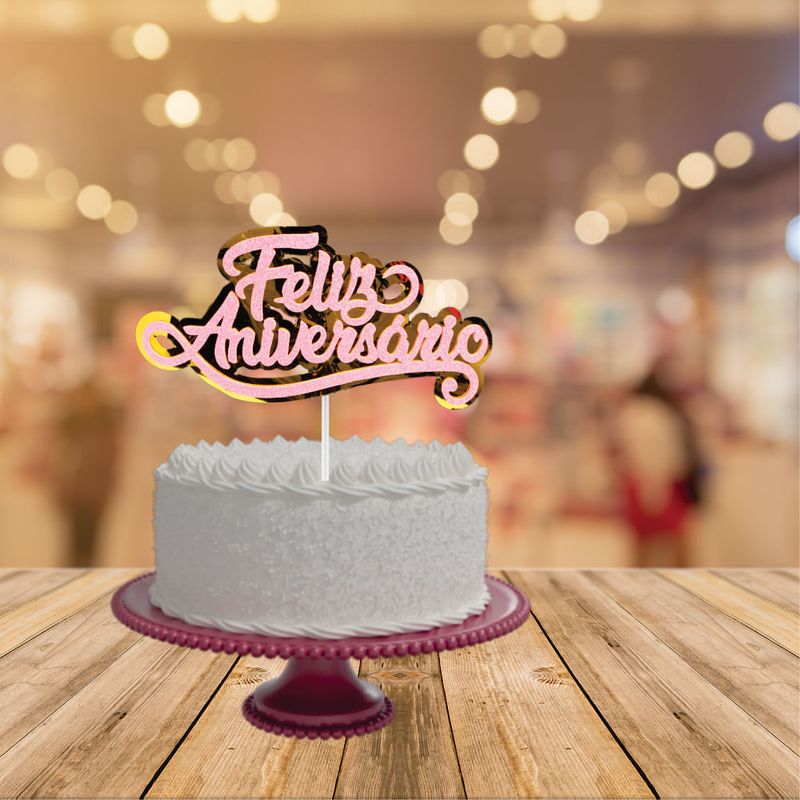 Topo de Bolo Decorativo para Festa Feliz Aniversário Rosa - 1 Un
