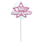 Topo Bolo Decorativo Festa Feliz Aniversário Estrela Rosa - 1 Un