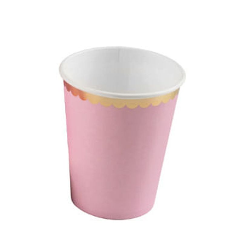 Copo de Papel 270ml Rosa Bebê com Borda Dourada - 10 Un