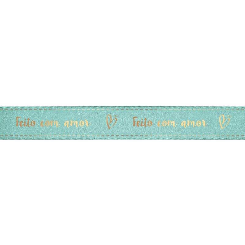 Fita de Cetim com Hot Stamping Feito com Amor Verde Água P 10,5mmx10m