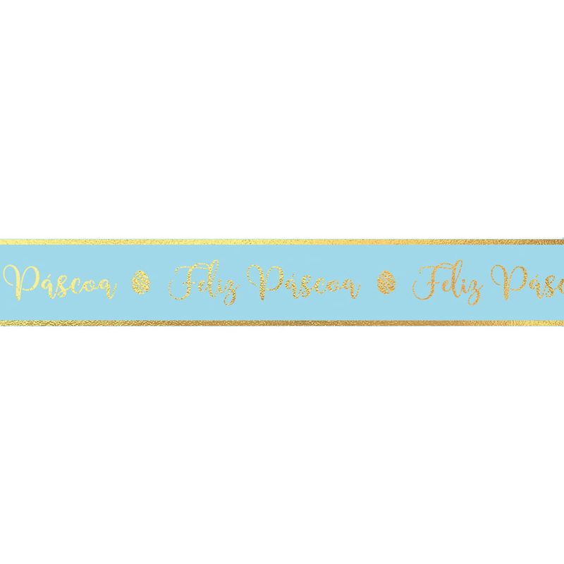 Fita Decorativa Cetim com Hot Stamping Feliz Páscoa Azul Celeste 15mmx10M - 3 Rolos