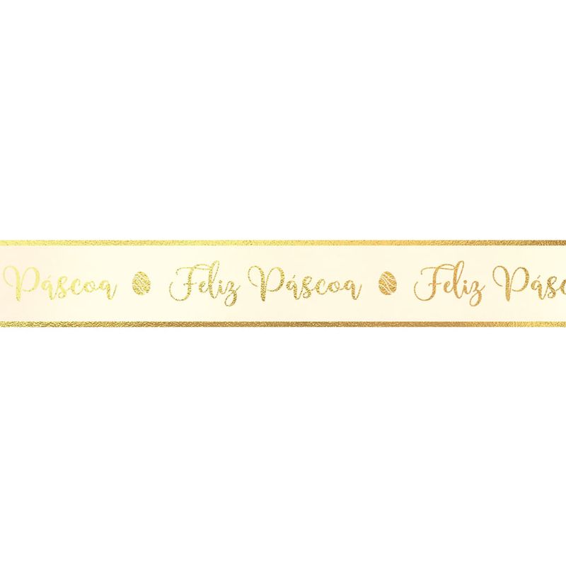 Fita Decorativa Cetim com Hot Stamping Feliz Páscoa Marfim 21,5mmx10M - 3 Rolos