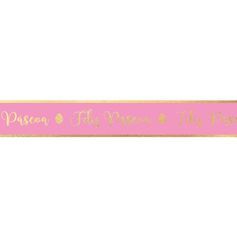 Fita Decorativa Cetim com Hot Stamping Feliz Páscoa Rosa Rouge 15mmx10M - 3 Rolos