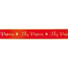 Fita Decorativa Cetim com Hot Stamping Feliz Páscoa Vermelho 21,5mmx10M