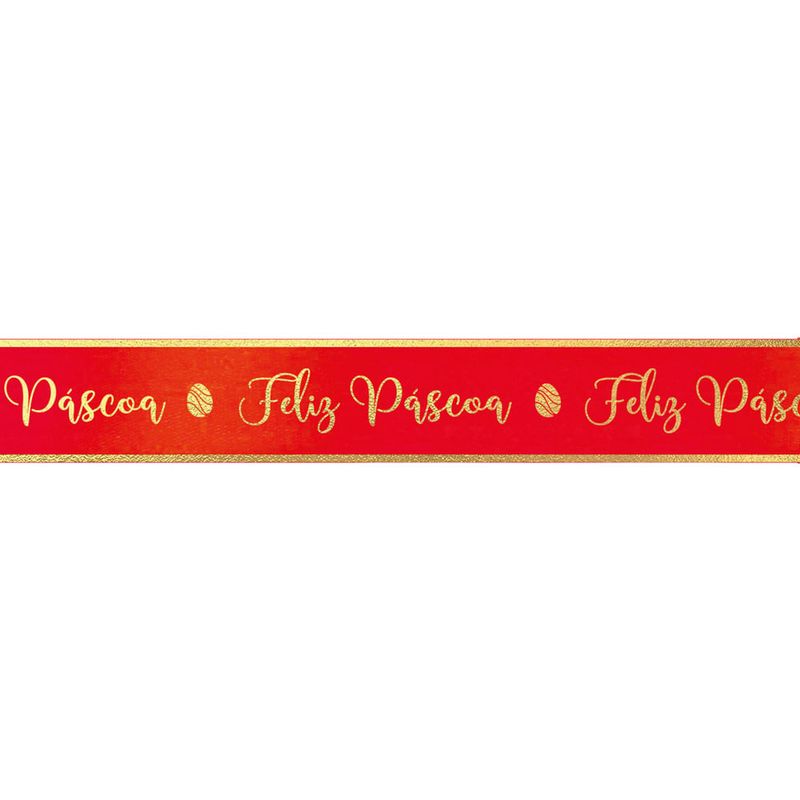 Fita Decorativa Cetim com Hot Stamping Feliz Páscoa Vermelho 21,5mmx10M