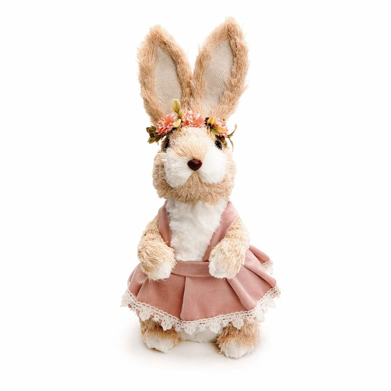 Coelha com Vestido de Veludo Rosa e Arranjo de Flores na Cabeça 35x14x17
