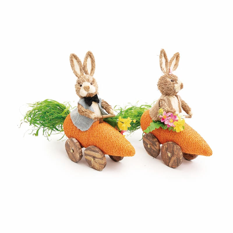 Casal de Coelhos Decorativo Carro Cenoura Marrom e Laranja 27x32x12 - 2 Un