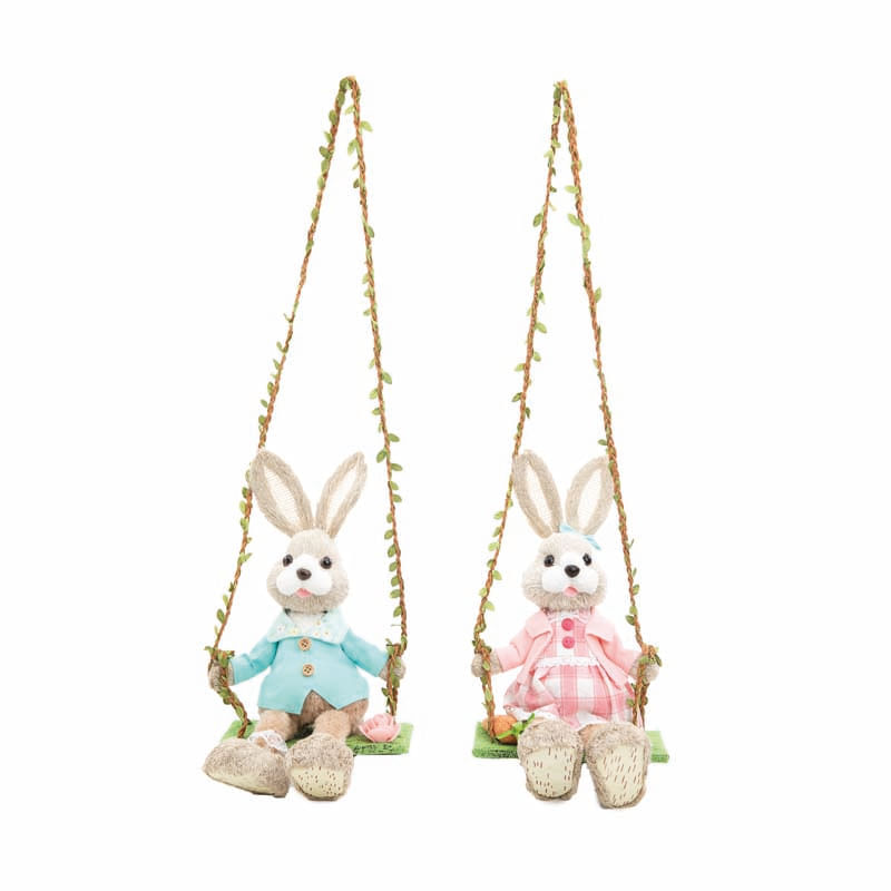 Casal de Coelhos Decorativo no Balanço Cinza e Rosa e Verde 65x18x20 - 2 Un