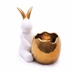 Pote Decorativo Porcelana com Coelho Branco e Ouro 12x13x9