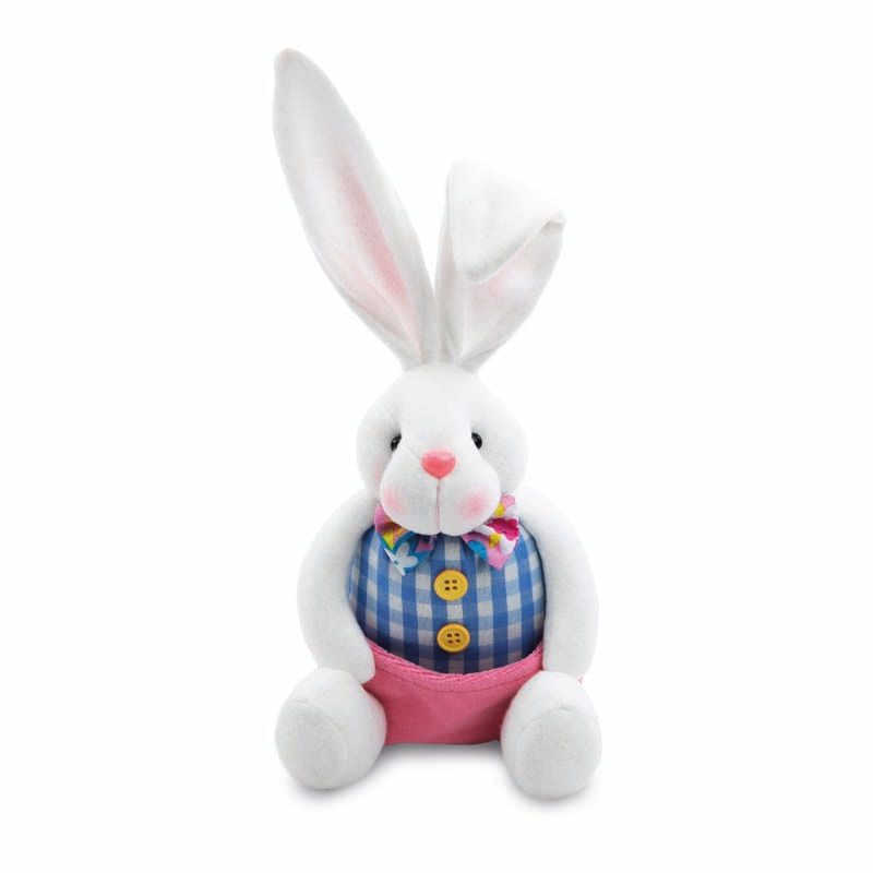 Coelho Decorativo Sentado Camisa Xadrez Azul e Rosa 30x9x12