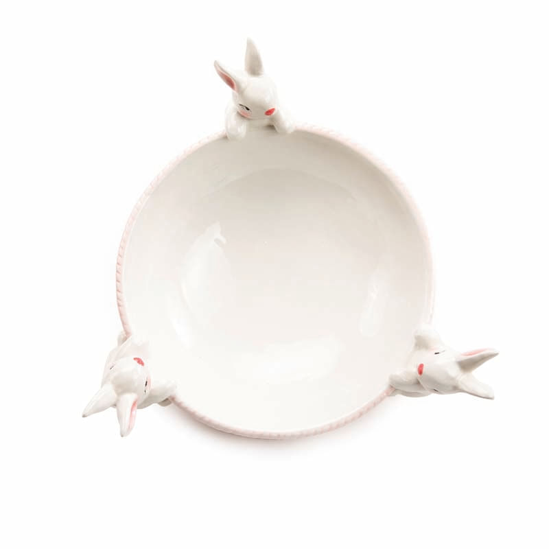 Centro de Mesa Cerâmica Tres Coelho Borda Rosa e Branco 13x30x30