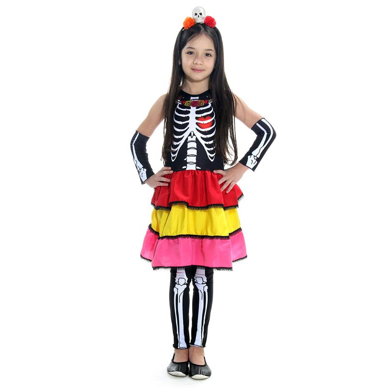 Fantasia Caveira Mexicana Vestido Infantil com Tiara - Halloween P