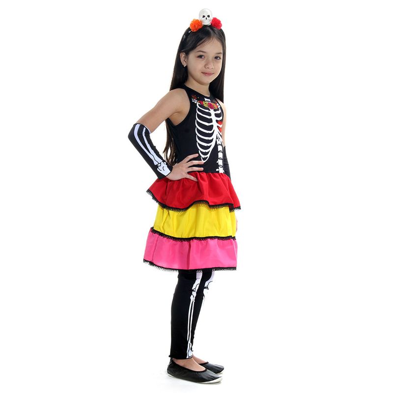 Fantasia Caveira Mexicana Vestido Infantil com Tiara - Halloween P