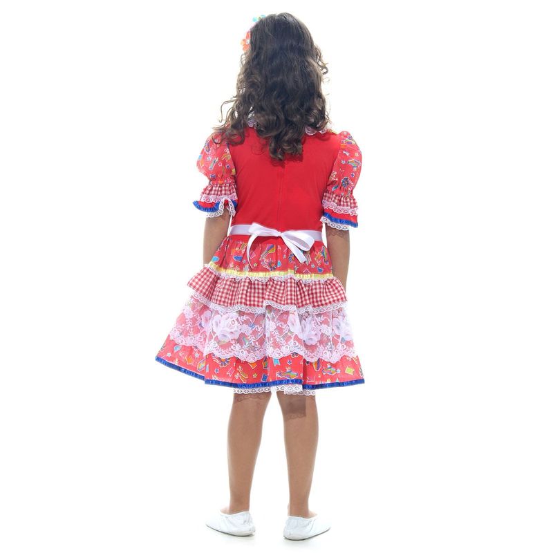 Fantasia Caipira Chic Vermelha Vestido Infantil com Tiara - Festa Junina