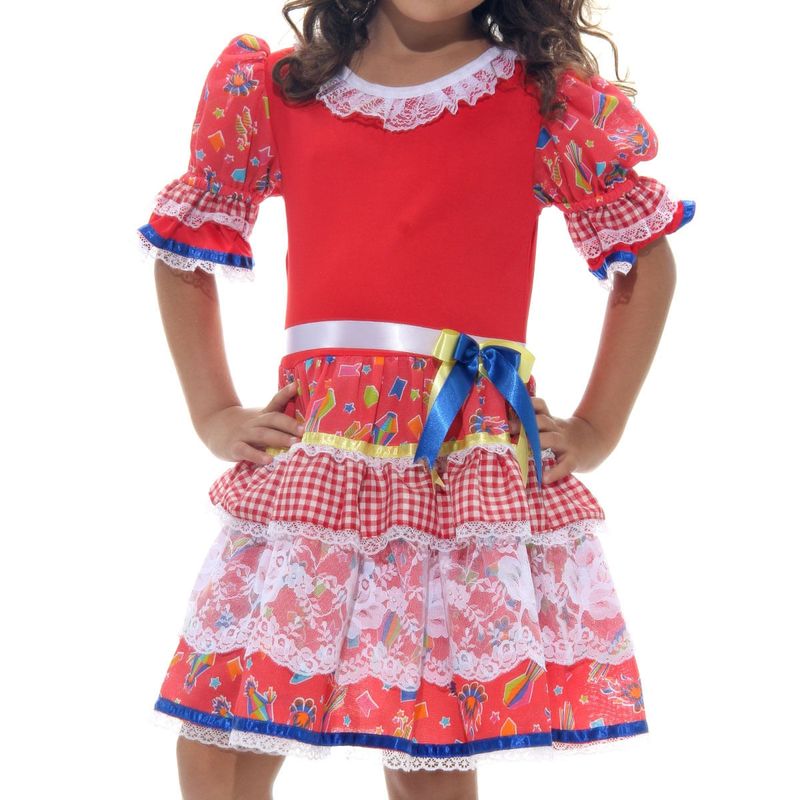 Fantasia Caipira Chic Vermelha Vestido Infantil com Tiara - Festa Junina