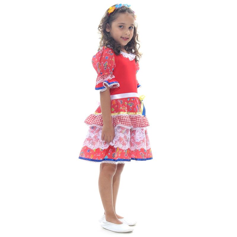 Fantasia Caipira Chic Vermelha Vestido Infantil com Tiara - Festa Junina