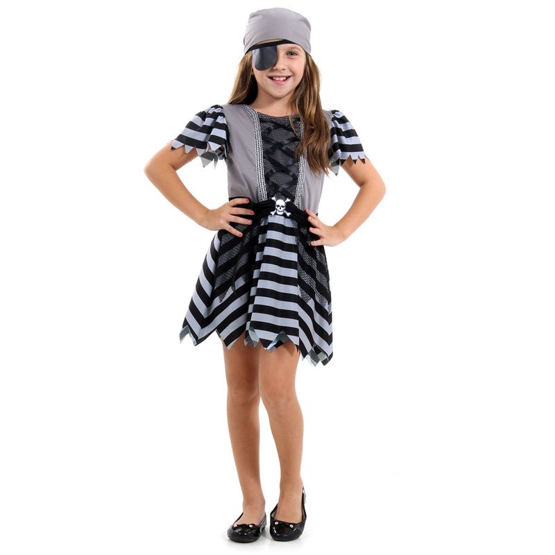 Fantasia Pirata Fantasma Vestido Infantil com Bandana e Tapa Olho - Halloween M