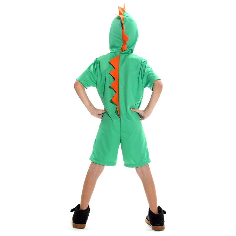 Fantasia Dinossauro Verde e Laranja Kigurumi Curto Infantil com Capuz  P