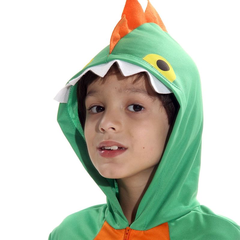 Fantasia Dinossauro Verde e Laranja Kigurumi Curto Infantil com Capuz  P