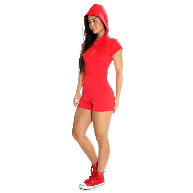 Fantasia Macaquinho Vermelho Curto com Capuz Feminino - Adulto P