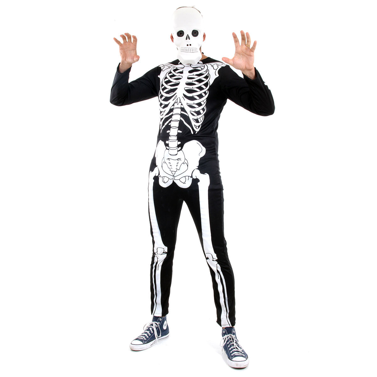 Fantasia de Halloween Adulta Masculino Luxo Esqueleto Com Máscara e Luvas