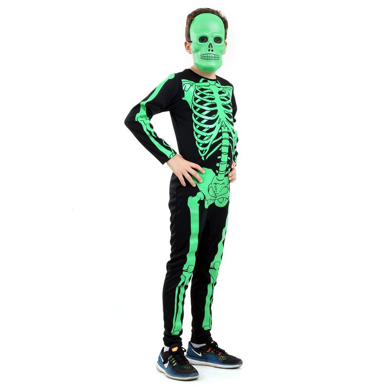 Fantasia Esqueleto Verde Infantil Longo com Máscara - Halloween GG