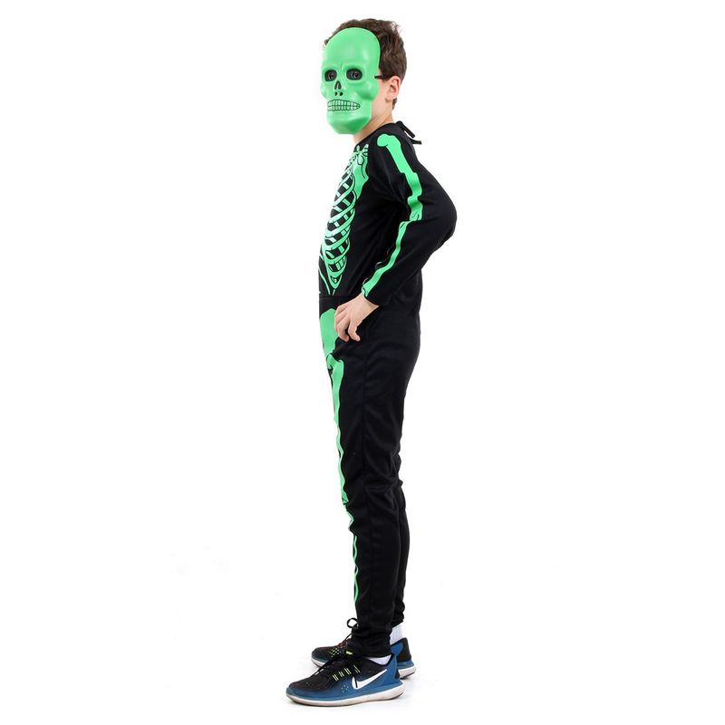 Fantasia Esqueleto Verde Infantil Longo com Máscara - Halloween GG