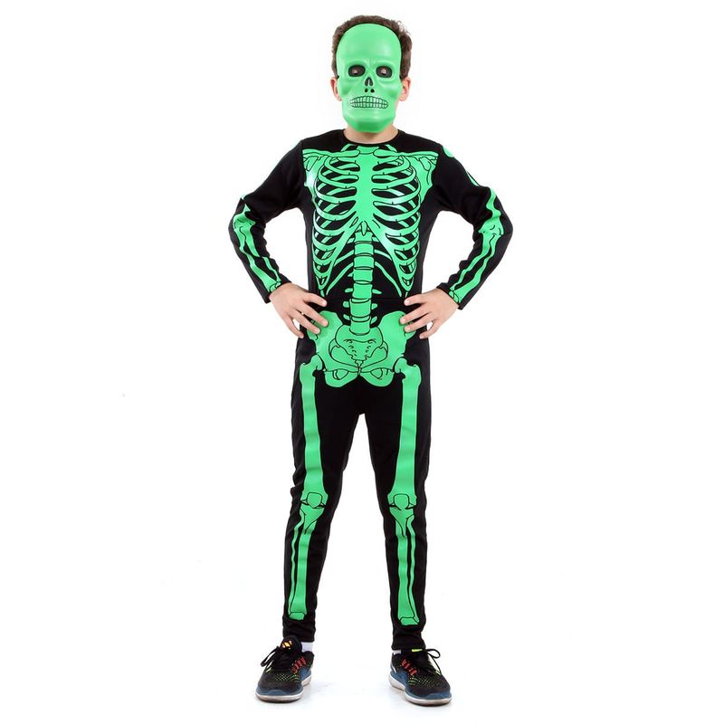 Fantasia Esqueleto Verde Infantil Longo com Máscara - Halloween GG