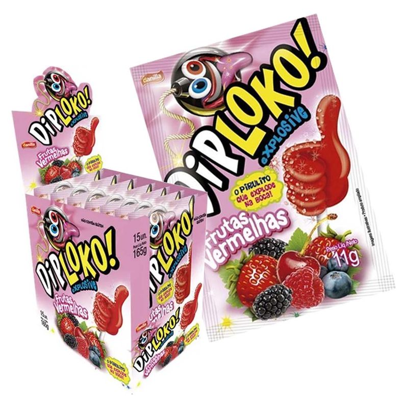 Pirulito Explosivo Dip Loko Boom Frutas Vermelhas 11g c/15 - Danilla