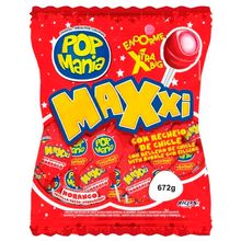 Pirulito Pop Mania Maxxi Morango Recheio Chiclete c/24 - Riclan