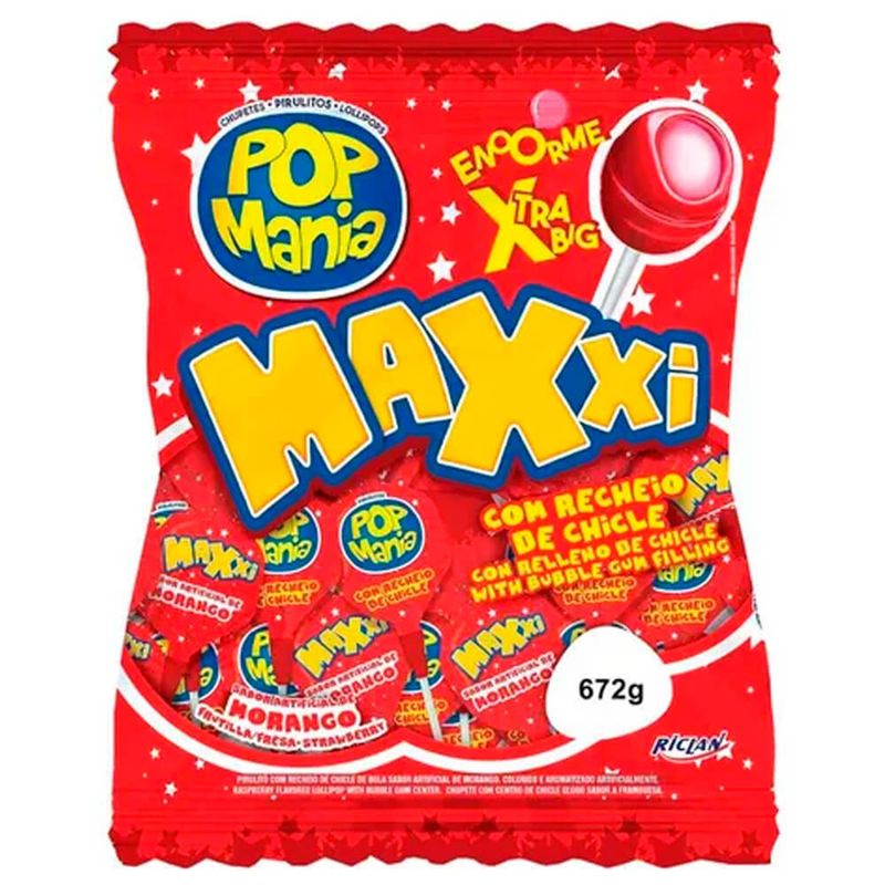 Pirulito Pop Mania Maxxi Morango Recheio Chiclete c/24 - Riclan